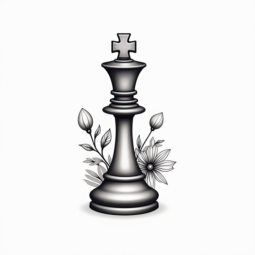 Queen chess piece with flowersin Modest style tattoo, featuring soft, delicate line work with simple and meaningful symbols, gentle waves, a heart, evoking a sense of serenity and grace,