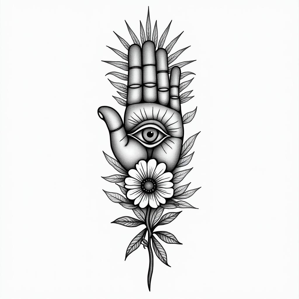 Kayla, libra, love nature (flowers, greenery, water), want to be at peace within, kid at heartin spiritual symbols tattoo style, featuring an intricate design incorporating elements, Hamsa hand, third eye, minimalist composition - Variation 2