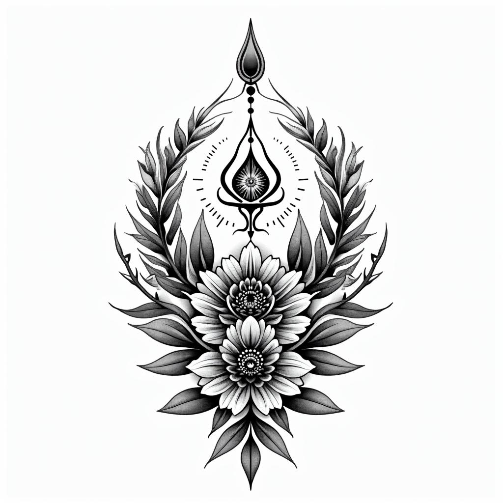 Kayla, libra, love nature (flowers, greenery, water), want to be at peace within, kid at heartin spiritual symbols tattoo style, featuring an intricate design incorporating elements, Hamsa hand, third eye, minimalist composition