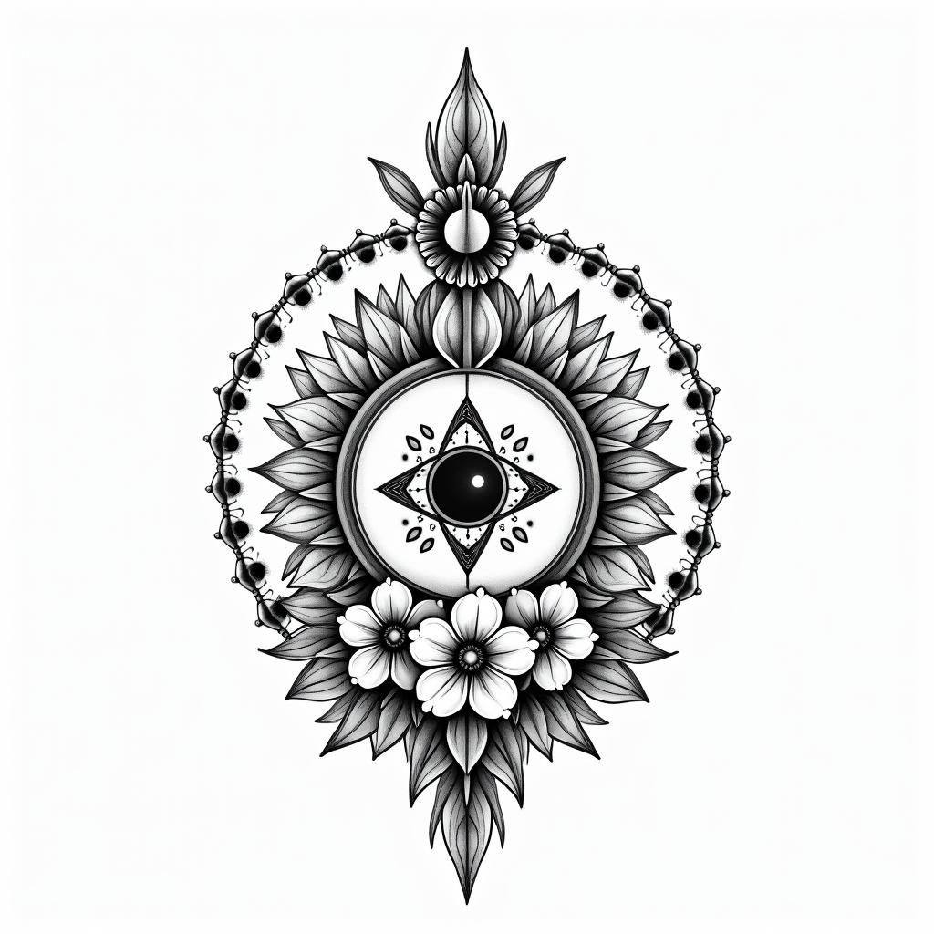 Kayla, libra, love nature (flowers, greenery, water), want to be at peace within, kid at heartin spiritual symbols tattoo style, featuring an intricate design incorporating elements, Hamsa hand, third eye, minimalist composition - Variation 4