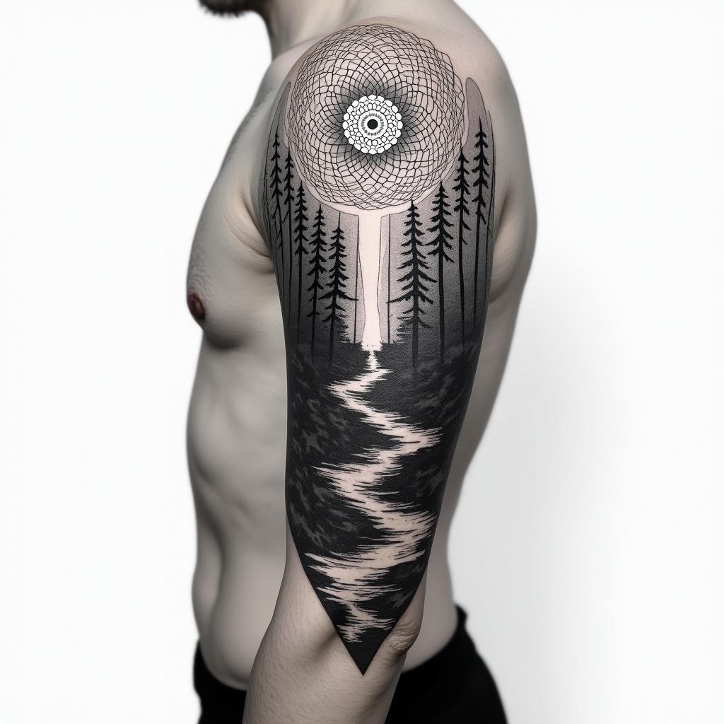 Forest Moon River for upper arm and shoulder. in geometric style tattoo, blending hexagons, mandala-inspired patterns, symmetrical and fractal design, clean lines, sharp angles