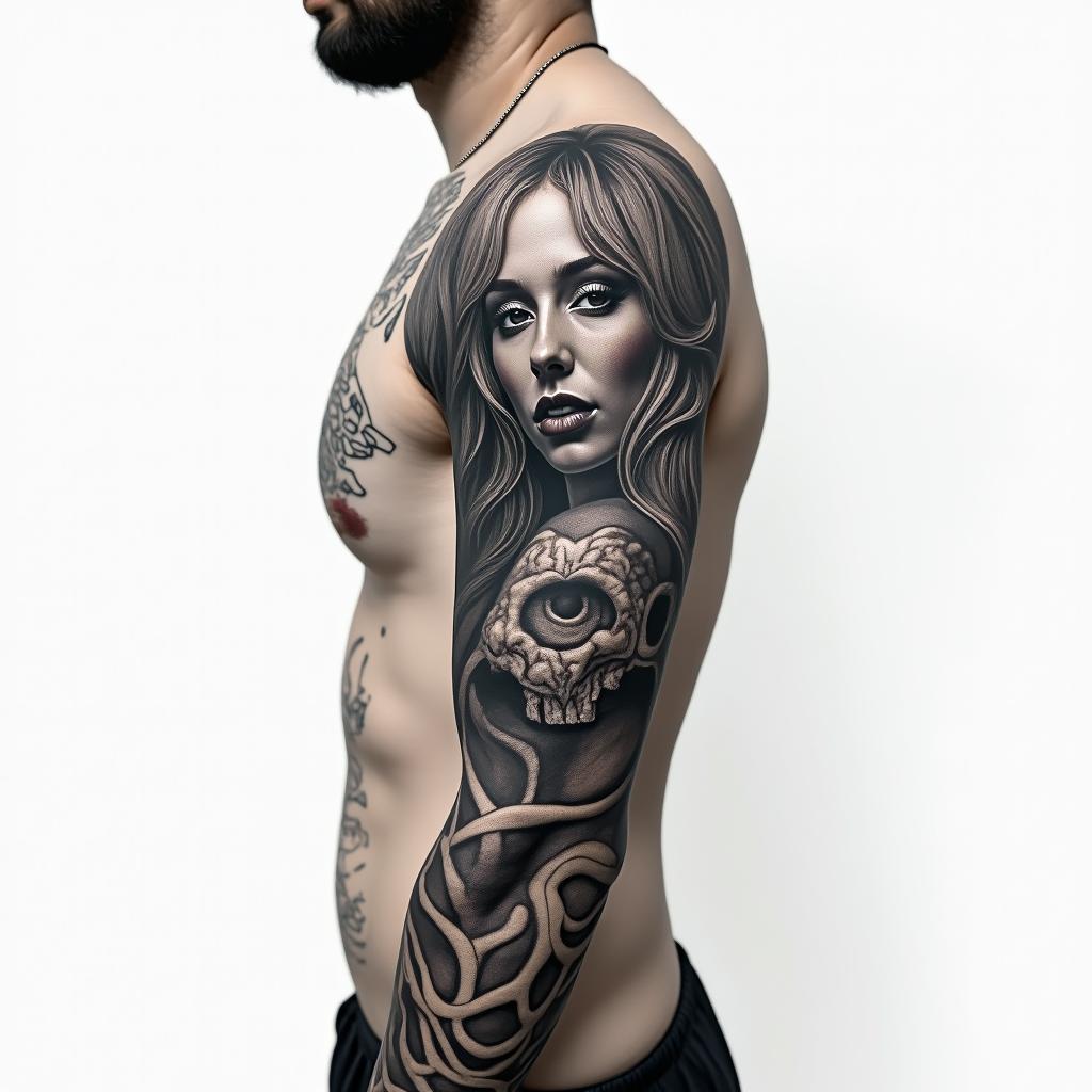 Tattoo sleevein realism tattoo style, featuring a highly detailed, lifelike, capturing every detail, photorealistic, ultra realistic, intricate shading, smooth and sharp, - Variation 1