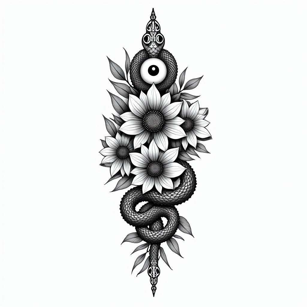Flowers and snakesin spiritual symbols tattoo style, featuring an intricate design incorporating elements, Hamsa hand, third eye, minimalist composition - Variation 8