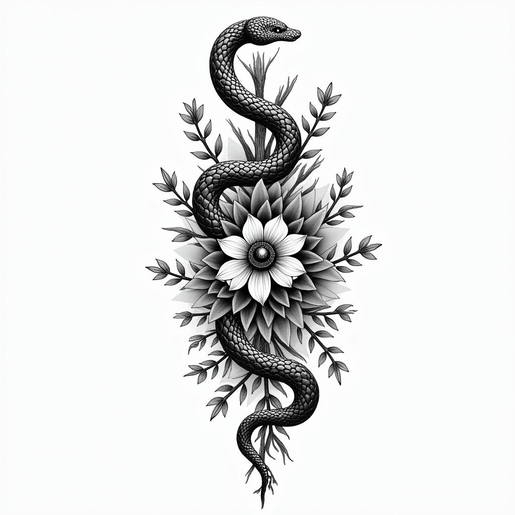 Flowers and snakesin spiritual symbols tattoo style, featuring an intricate design incorporating elements, Hamsa hand, third eye, minimalist composition - Variation 7
