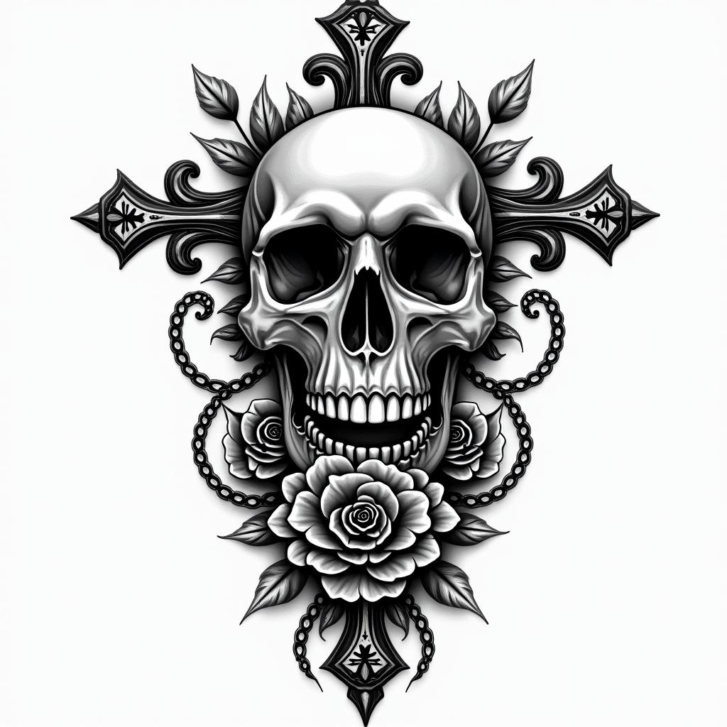Skull Harley Davidsonin chicano style tattoo, featuring intricate black and grey shading, bold elements of traditional chicano culture symbols, add a big cross with skull, chains and roses - Variation 2