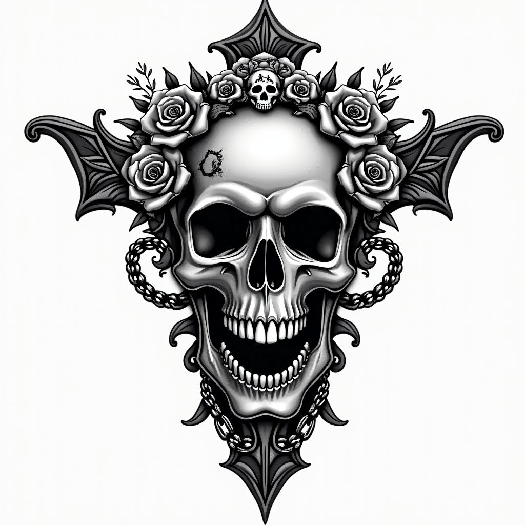 Skull Harley Davidsonin chicano style tattoo, featuring intricate black and grey shading, bold elements of traditional chicano culture symbols, add a big cross with skull, chains and roses - Variation 4