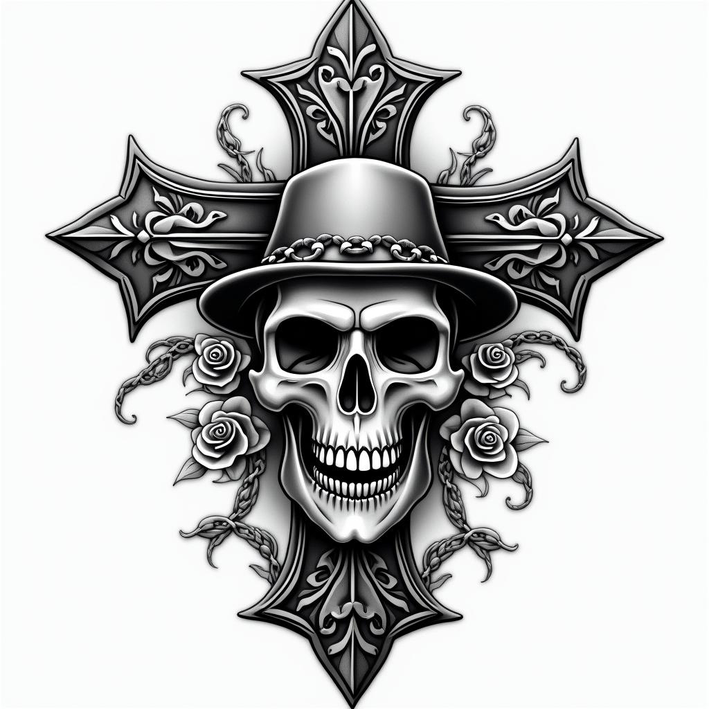 Skull Harley Davidsonin chicano style tattoo, featuring intricate black and grey shading, bold elements of traditional chicano culture symbols, add a big cross with skull, chains and roses - Variation 3