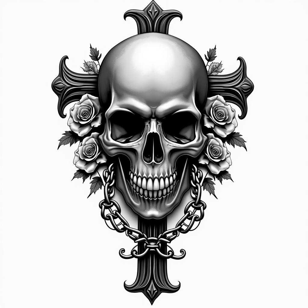 Skull Harley Davidsonin chicano style tattoo, featuring intricate black and grey shading, bold elements of traditional chicano culture symbols, add a big cross with skull, chains and roses