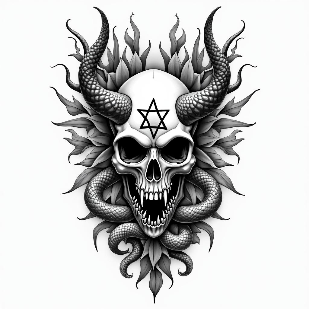 Flowers and snakescreepy horror tattoo style, featuring an eerie and unsettling skull of a demonic creature, distorted face with sharp fangs, add pentagram symbol - Variation 4