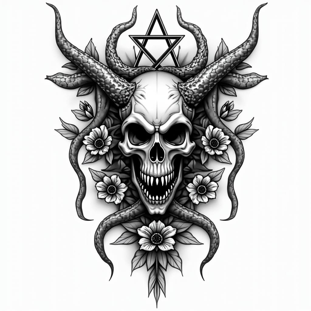 Flowers and snakescreepy horror tattoo style, featuring an eerie and unsettling skull of a demonic creature, distorted face with sharp fangs, add pentagram symbol - Variation 3
