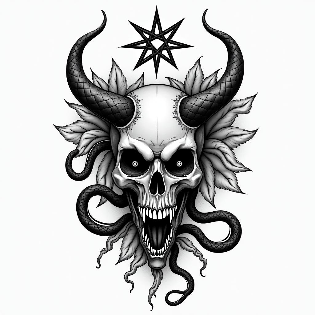 Flowers and snakescreepy horror tattoo style, featuring an eerie and unsettling skull of a demonic creature, distorted face with sharp fangs, add pentagram symbol - Variation 2