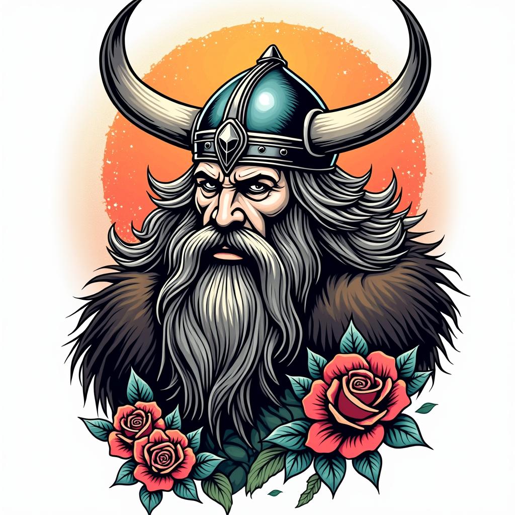 Vikingin pop art style tattoo, featuring bold and vibrant colors, exaggerated outlines, iconic imagery, inspired by comic books and speech bubbles, comic book characters, retro pop culture - Variation 3