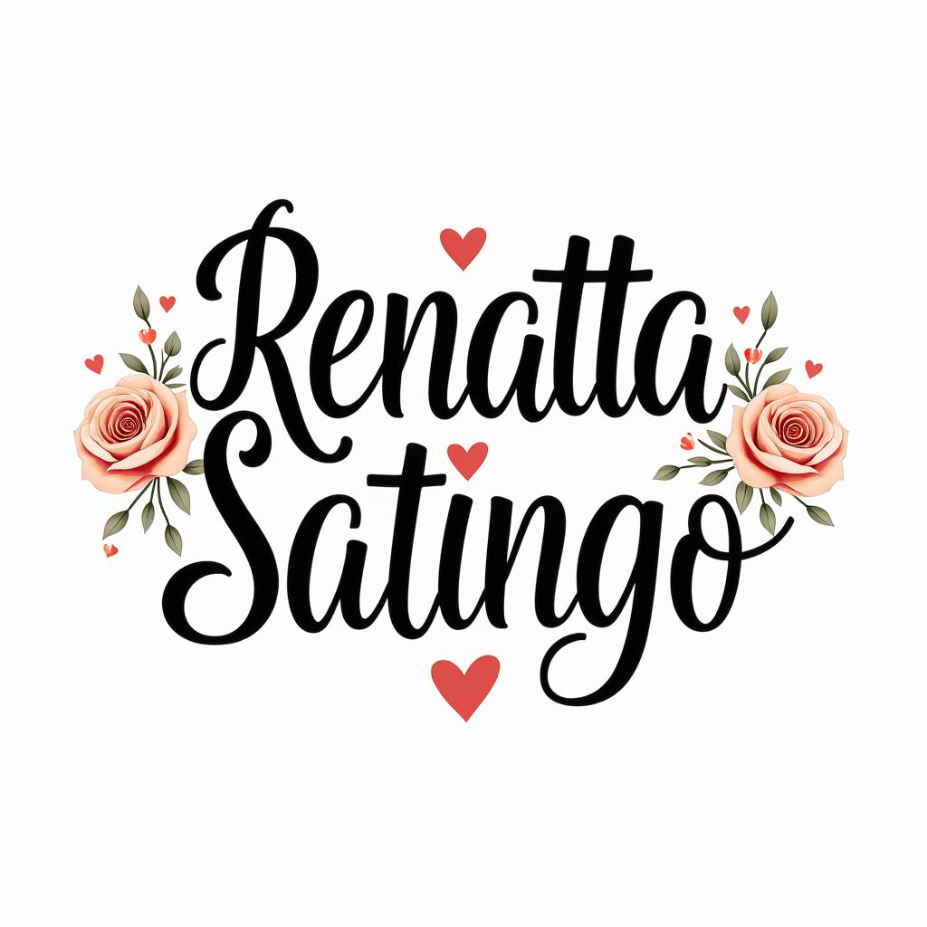 The names of my children are Renatta and Santiago.in elegant cursive calligraphy style 2d tattoo, decorate with roses, featuring a smooth and flowing handwritten script with slightly thickened strokes for a luxurious and bold appearance,  heart symbol between names,  sleek and glossy black text with shadowing, minimalist matte white background, clean and sharp edges, illuminated with soft lighting, romantic, 8k, high-quality textures with refined typography - Variation 4