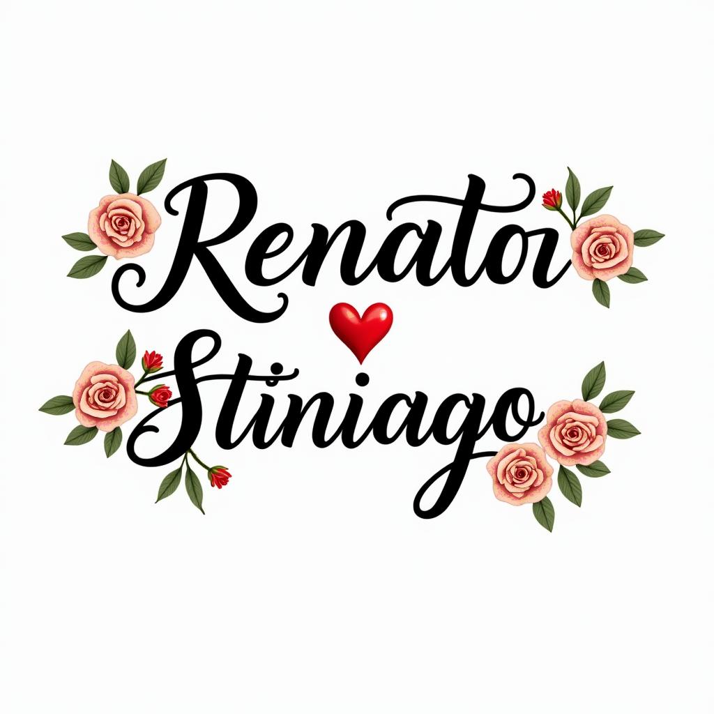 The names of my children are Renatta and Santiago.in elegant cursive calligraphy style 2d tattoo, decorate with roses, featuring a smooth and flowing handwritten script with slightly thickened strokes for a luxurious and bold appearance,  heart symbol between names,  sleek and glossy black text with shadowing, minimalist matte white background, clean and sharp edges, illuminated with soft lighting, romantic, 8k, high-quality textures with refined typography - Variation 2