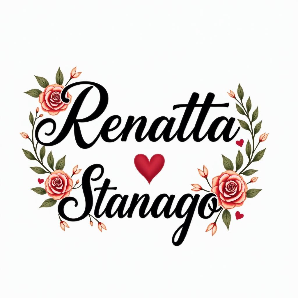 The names of my children are Renatta and Santiago.in elegant cursive calligraphy style 2d tattoo, decorate with roses, featuring a smooth and flowing handwritten script with slightly thickened strokes for a luxurious and bold appearance,  heart symbol between names,  sleek and glossy black text with shadowing, minimalist matte white background, clean and sharp edges, illuminated with soft lighting, romantic, 8k, high-quality textures with refined typography - Variation 3