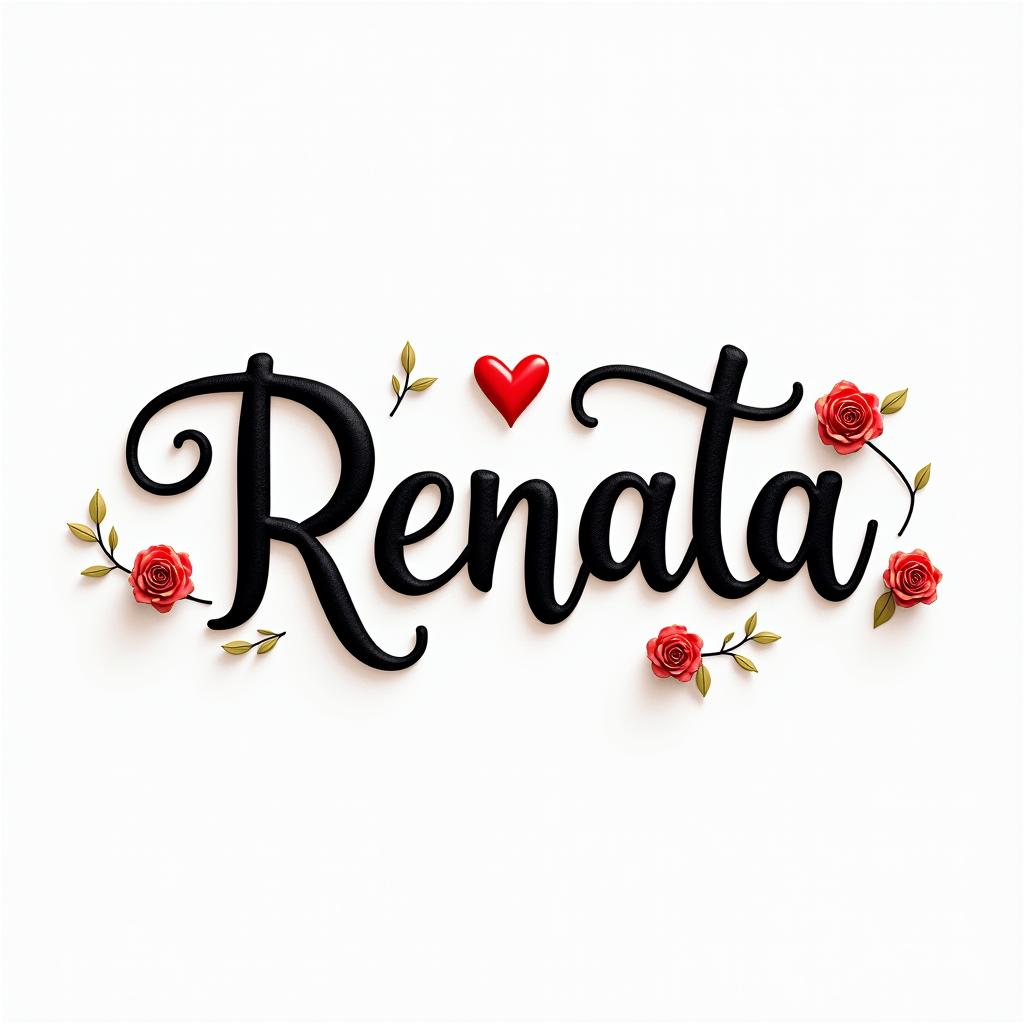 The names of my children are Renatta and Santiago.in elegant cursive calligraphy style 2d tattoo, decorate with roses, featuring a smooth and flowing handwritten script with slightly thickened strokes for a luxurious and bold appearance,  heart symbol between names,  sleek and glossy black text with shadowing, minimalist matte white background, clean and sharp edges, illuminated with soft lighting, romantic, 8k, high-quality textures with refined typography