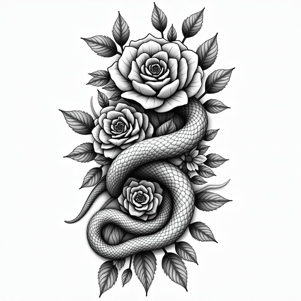 Flowers and snakesin bohemian style tattoo, 8k - Variation 4