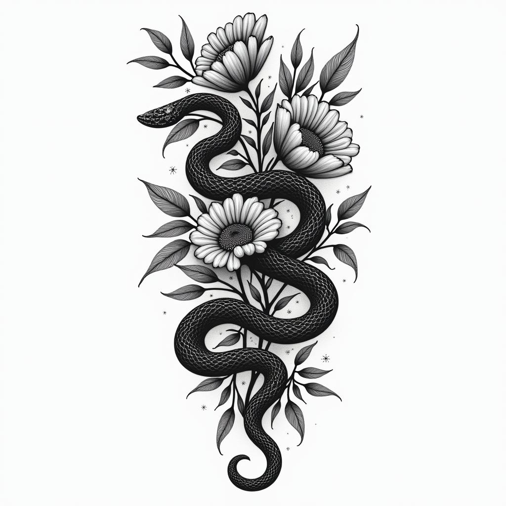 Flowers and snakesin bohemian style tattoo, 8k - Variation 3