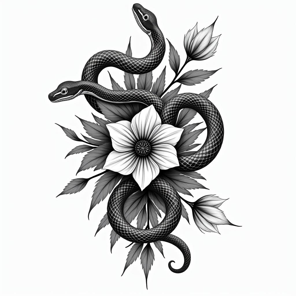 Flowers and snakesin bohemian style tattoo, 8k - Variation 2