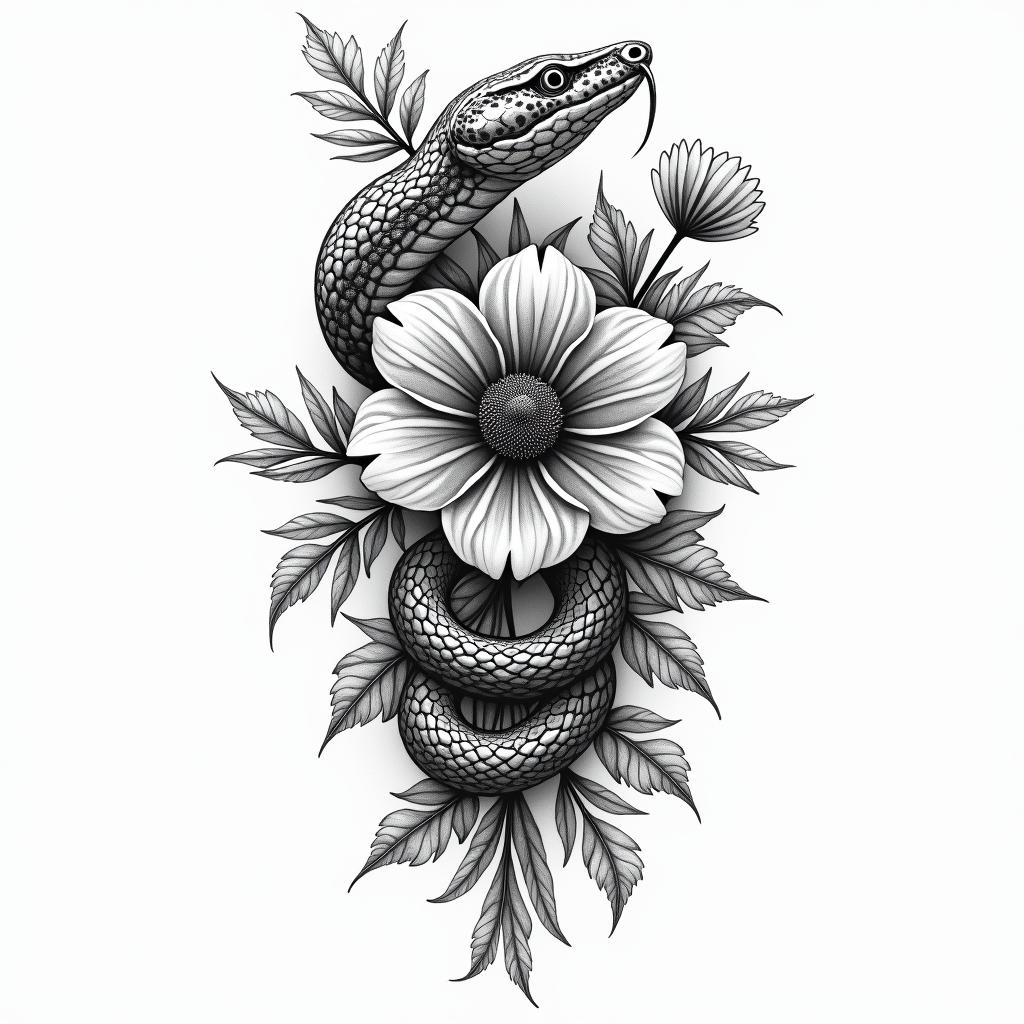 Flowers and snakesin bohemian style tattoo, 8k