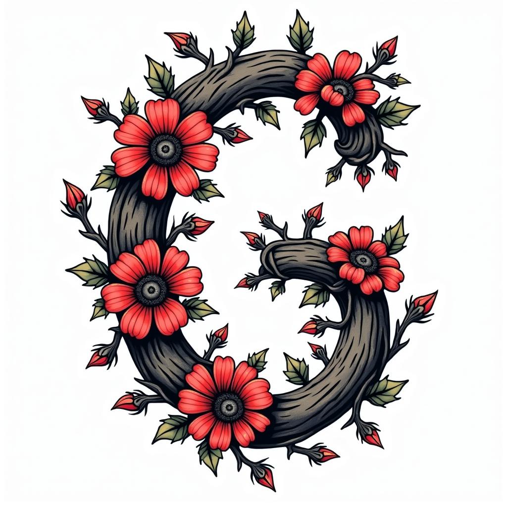 Thorny vines with flowers in the shape of a Gin pop art style tattoo, featuring bold and vibrant colors, exaggerated outlines, iconic imagery, inspired by comic books and speech bubbles, comic book characters, retro pop culture