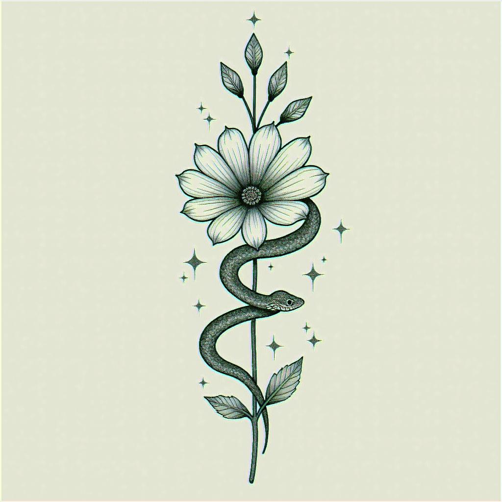 Flowers and snakesin minimalist style tattoo, featuring simple shapes and fine lines, with minimal shading and details, tiny triangles, creating a sense of balance and harmony - Variation 4