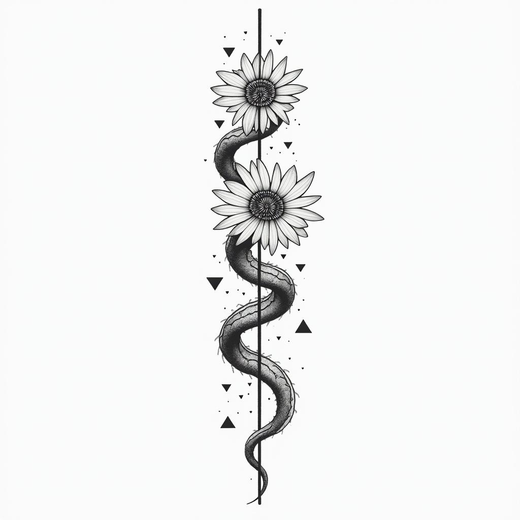 Flowers and snakesin minimalist style tattoo, featuring simple shapes and fine lines, with minimal shading and details, tiny triangles, creating a sense of balance and harmony - Variation 2