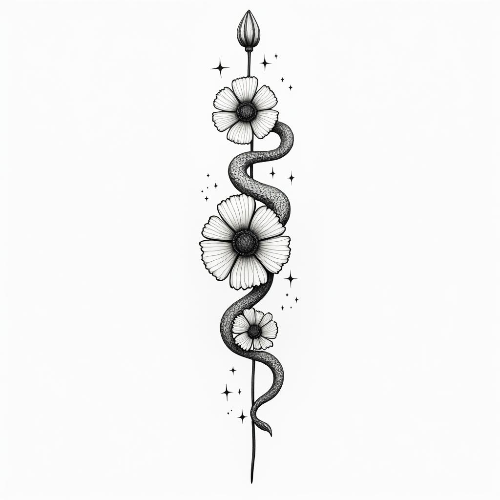 Flowers and snakesin minimalist style tattoo, featuring simple shapes and fine lines, with minimal shading and details, tiny triangles, creating a sense of balance and harmony