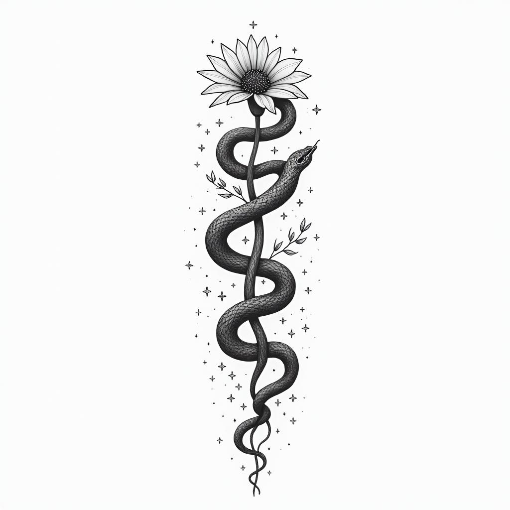 Flowers and snakesin minimalist style tattoo, featuring simple shapes and fine lines, with minimal shading and details, tiny triangles, creating a sense of balance and harmony - Variation 3