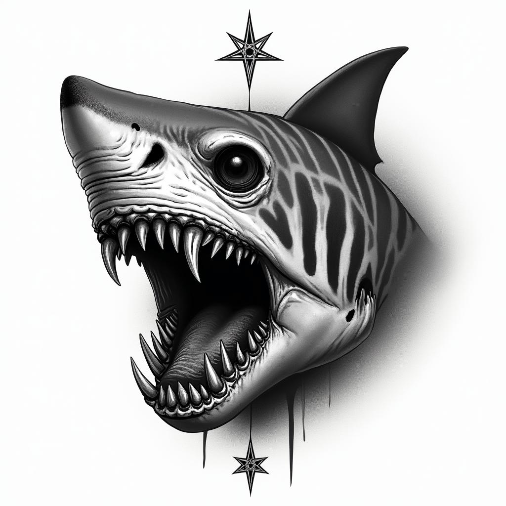 Tiger sharkcreepy horror tattoo style, featuring an eerie and unsettling skull of a demonic creature, distorted face with sharp fangs, add pentagram symbol - Variation 4