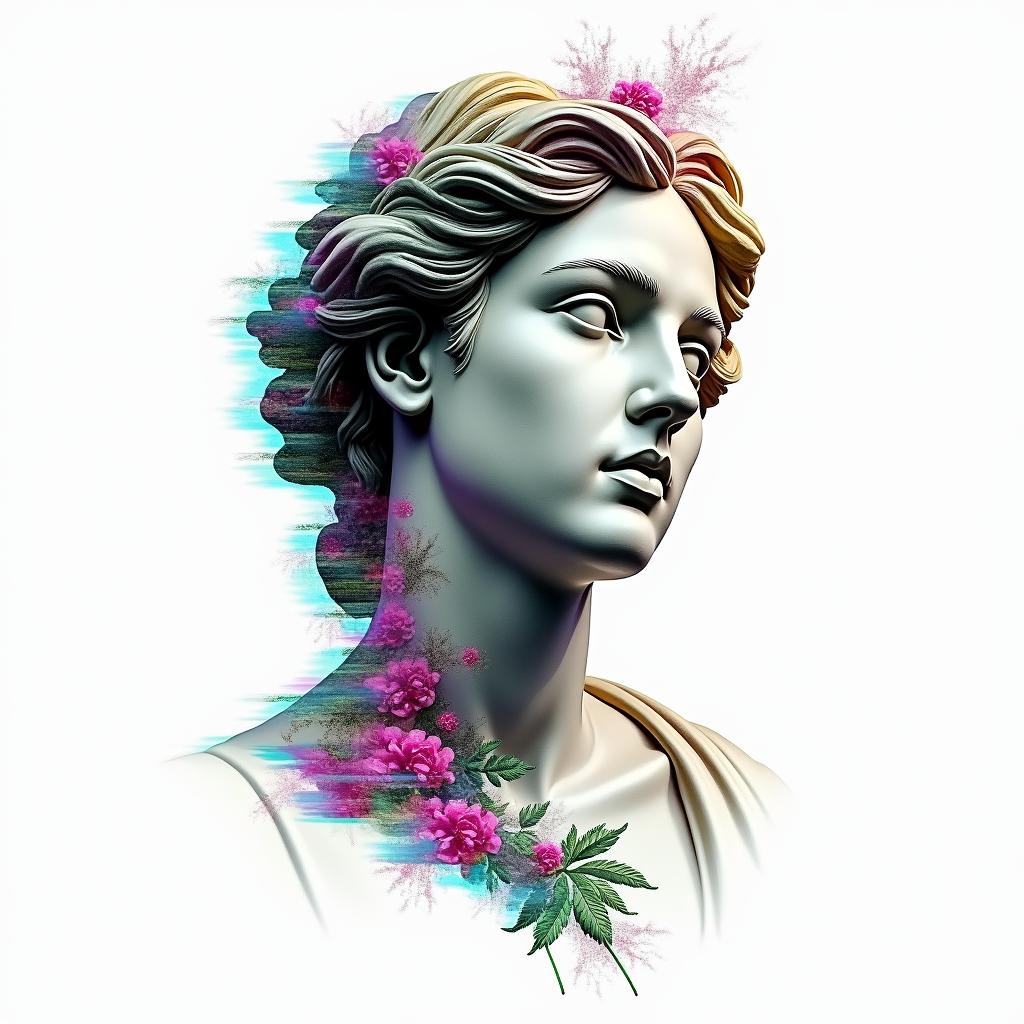 Name: Kayla, Sign: Libra, I love water and greenery (nature), life goal is love and peacein distorted and fragmented tattoo design, featuring a classical statue bust, in a glitch art style with vibrant, overlapping colors of cyan, magenta, and yellow, creating a digital distortion effect - Variation 2