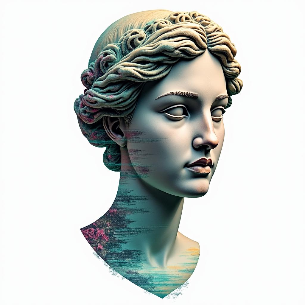 Name: Kayla, Sign: Libra, I love water and greenery (nature), life goal is love and peacein distorted and fragmented tattoo design, featuring a classical statue bust, in a glitch art style with vibrant, overlapping colors of cyan, magenta, and yellow, creating a digital distortion effect - Variation 1