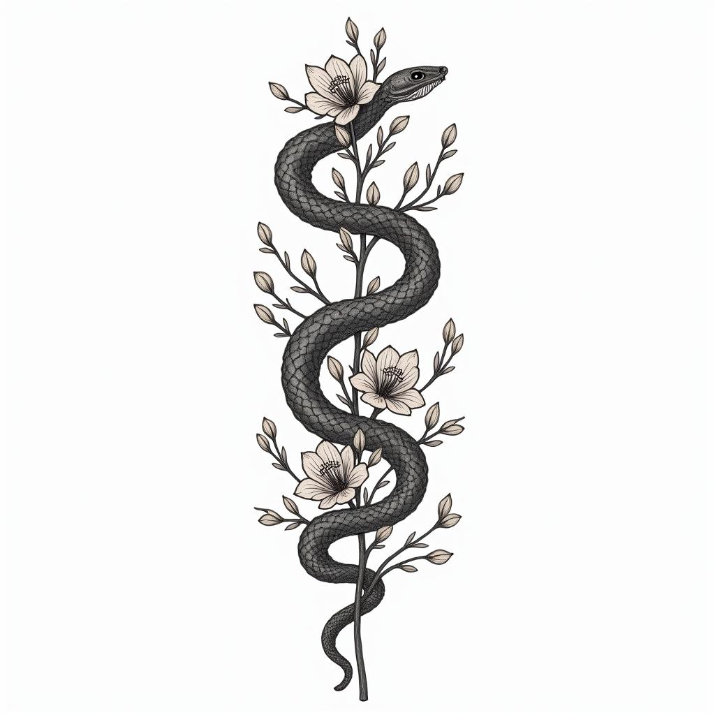 Flowers and snakesin Modest style tattoo, featuring soft, delicate line work with simple and meaningful symbols, gentle waves, a heart, evoking a sense of serenity and grace, - Variation 3