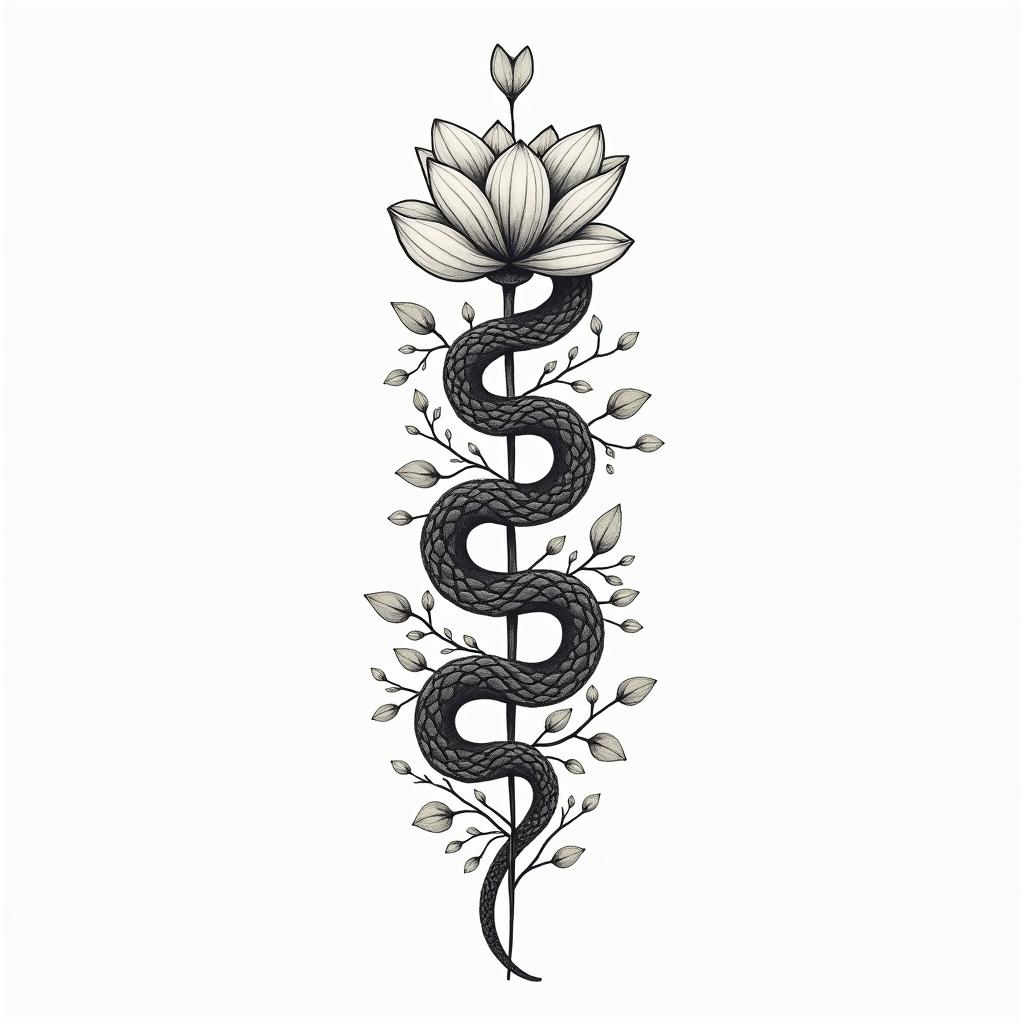 Flowers and snakesin Modest style tattoo, featuring soft, delicate line work with simple and meaningful symbols, gentle waves, a heart, evoking a sense of serenity and grace,