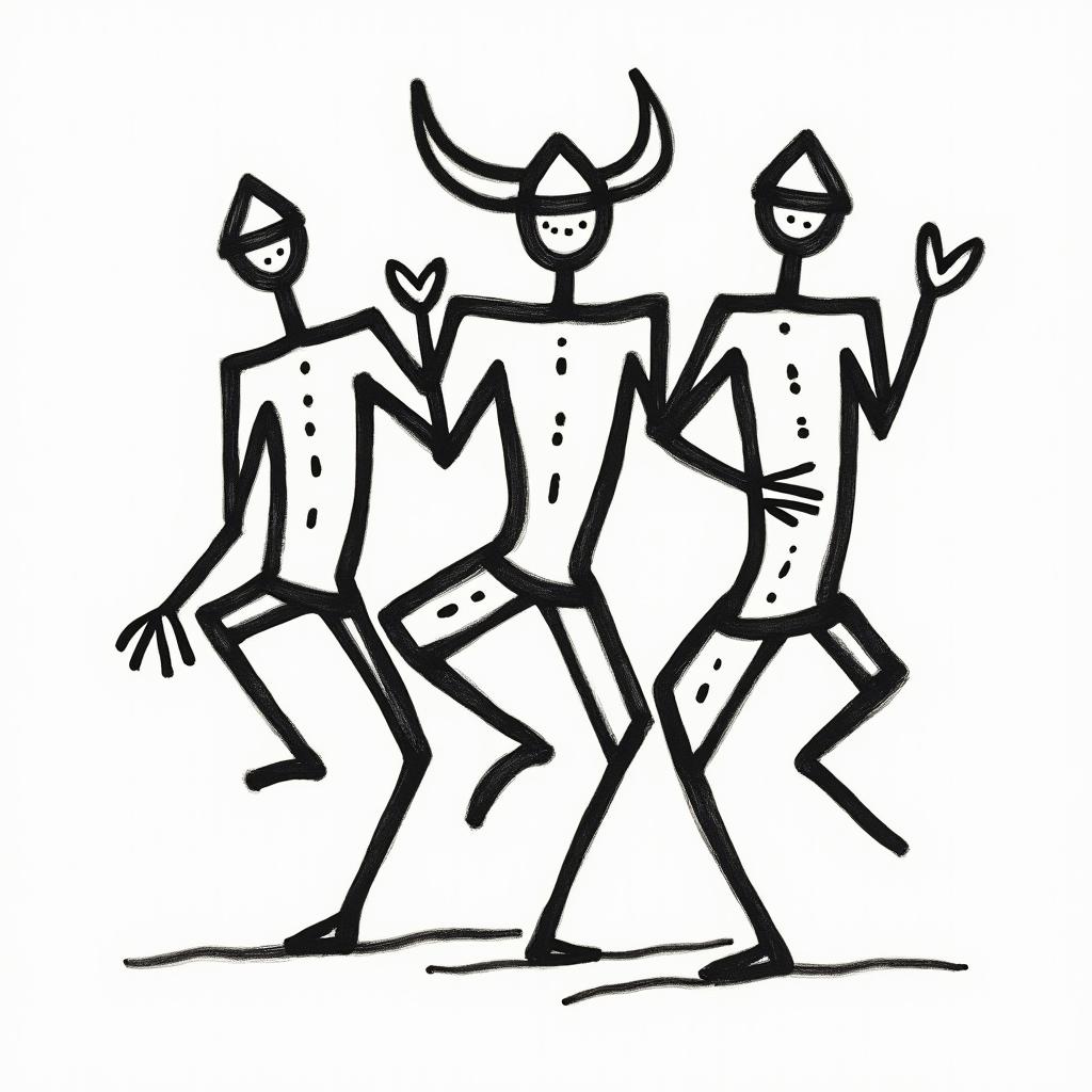 Vikingabstract dancing figures in Keith Haring style, featuring bold black outlines and solid color fills, figures posed in dynamic and playful dance movements, minimalist design - Variation 3