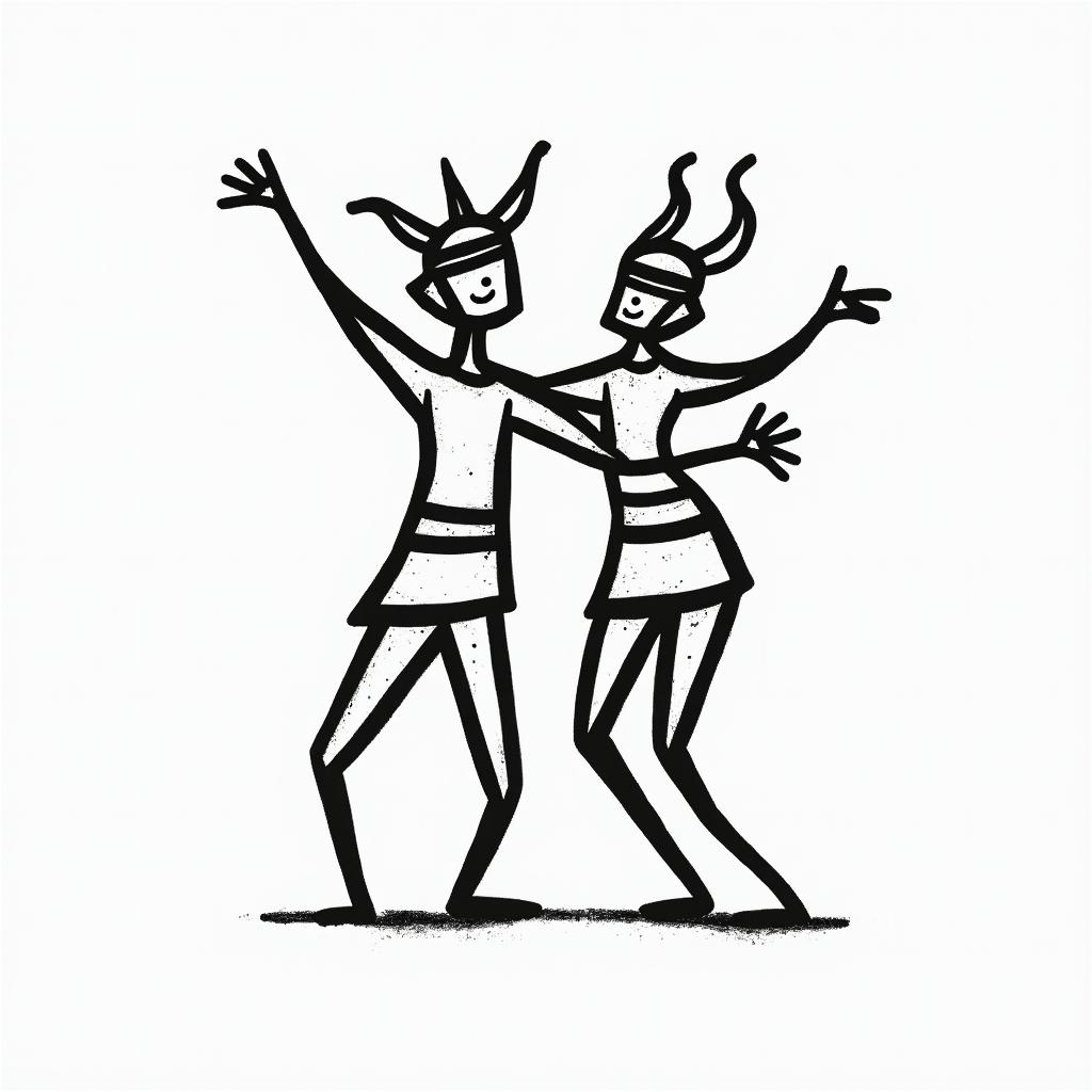 Vikingabstract dancing figures in Keith Haring style, featuring bold black outlines and solid color fills, figures posed in dynamic and playful dance movements, minimalist design - Variation 2