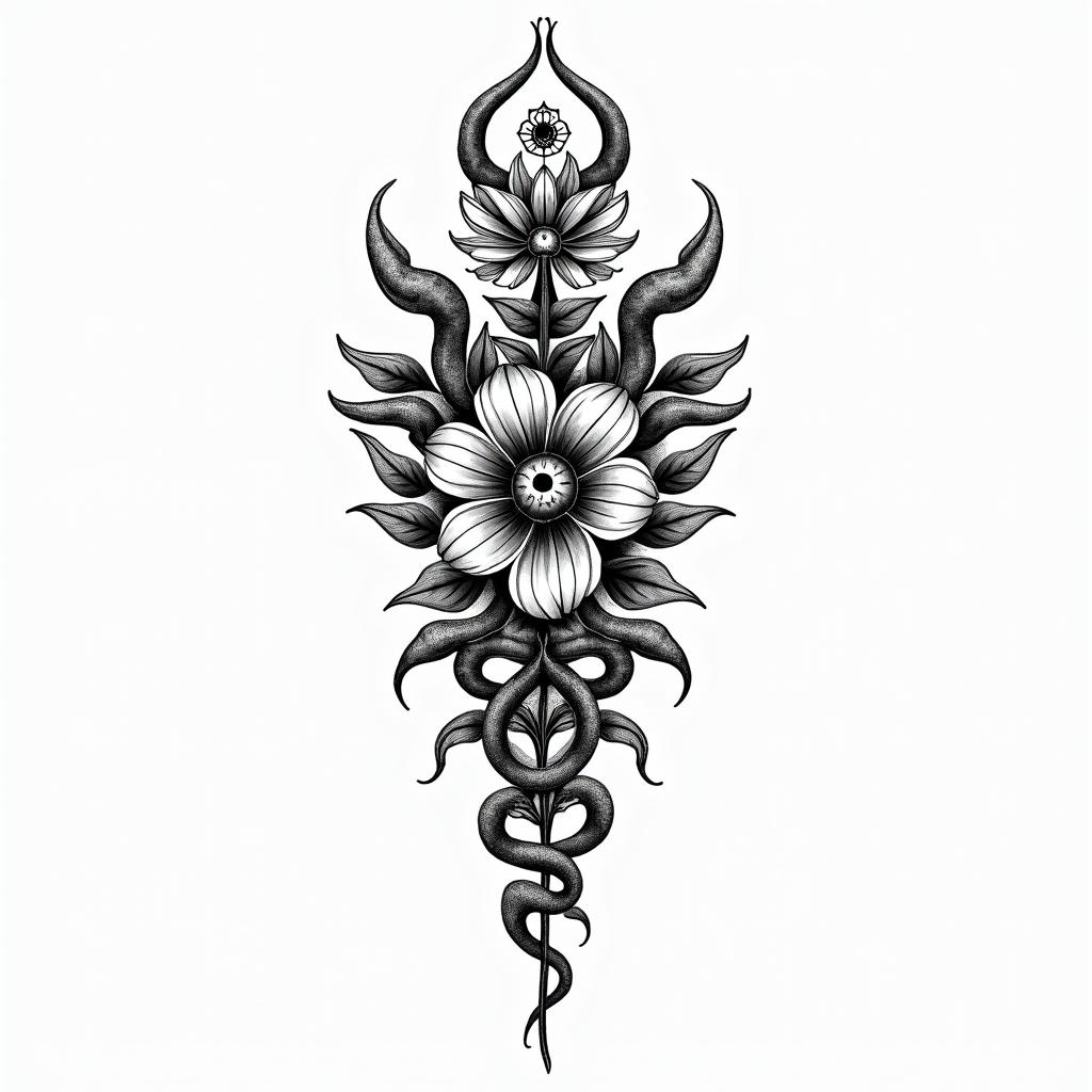 Flowers and snakesin spiritual symbols tattoo style, featuring an intricate design incorporating elements, Hamsa hand, third eye, minimalist composition - Variation 2