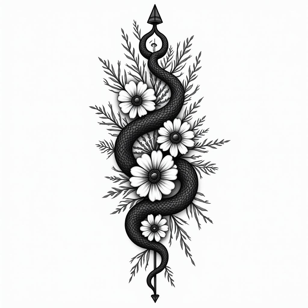Flowers and snakesin spiritual symbols tattoo style, featuring an intricate design incorporating elements, Hamsa hand, third eye, minimalist composition - Variation 4