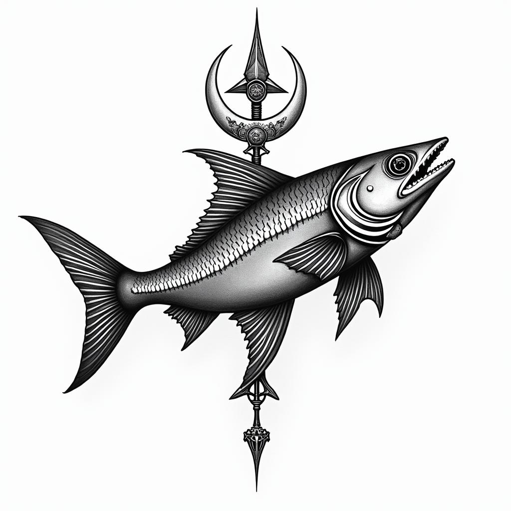 Barracudain paganic style tattoo, featuring ancient symbols, add vegvisir symbol, mystical figures, incorporating designs, pentagrams, runes, crescent moons, - Variation 6