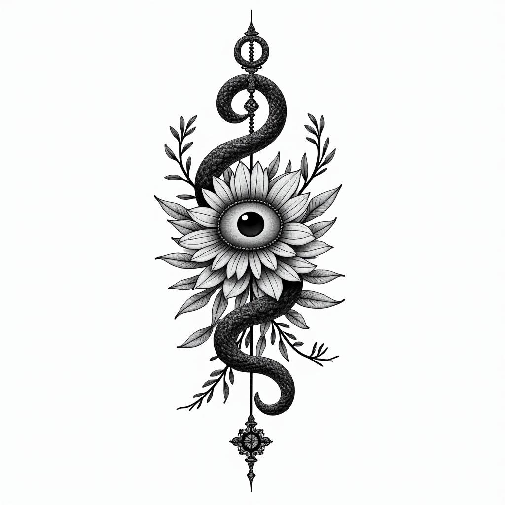 Flowers and snakesin spiritual symbols tattoo style, featuring an intricate design incorporating elements, Hamsa hand, third eye, minimalist composition - Variation 1