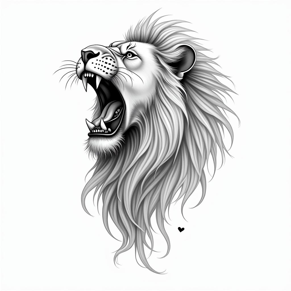 Roaring lion with a flowing manein Modest style tattoo, featuring soft, delicate line work with simple and meaningful symbols, gentle waves, a heart, evoking a sense of serenity and grace, - Variation 2