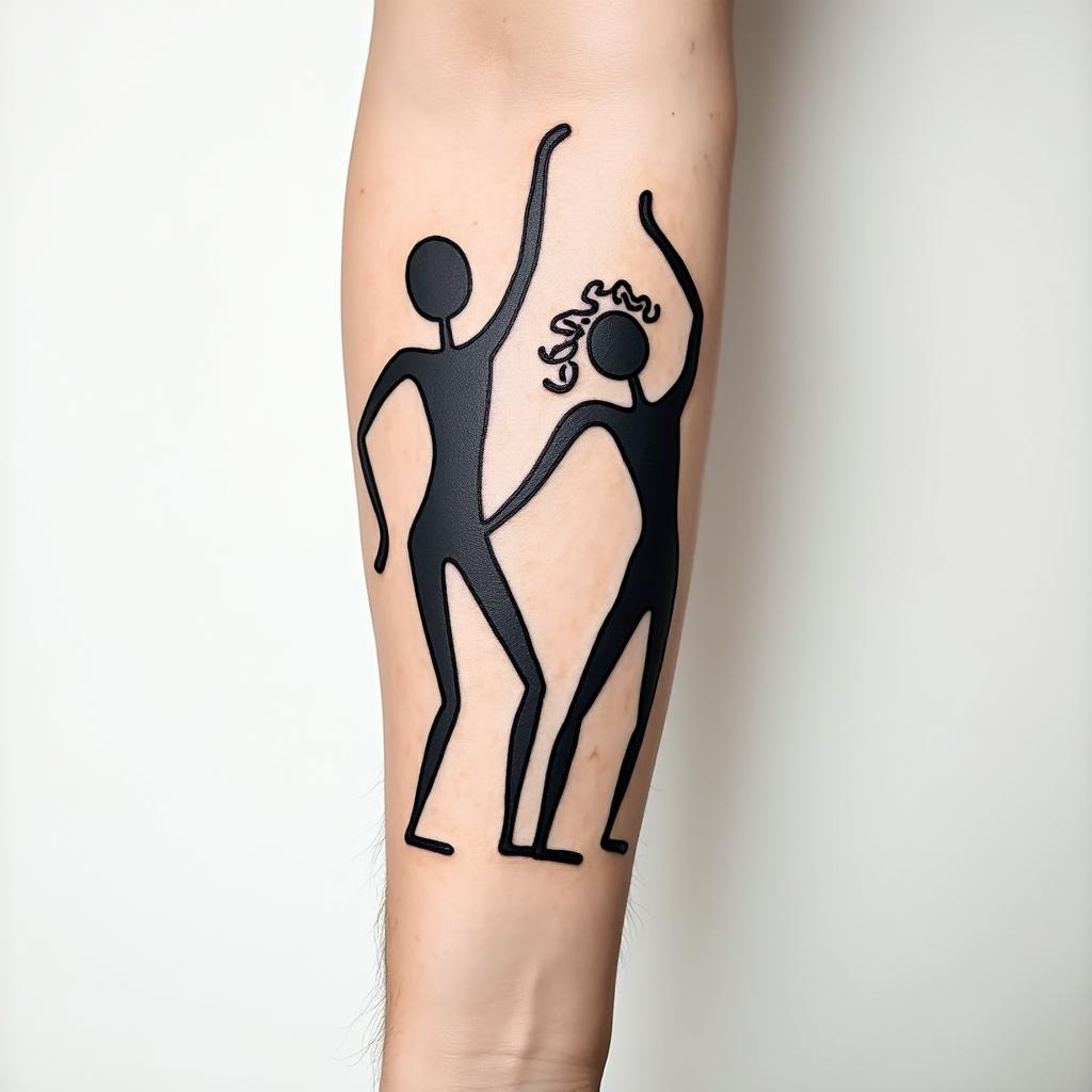 Forearmabstract dancing figures in Keith Haring style, featuring bold black outlines and solid color fills, figures posed in dynamic and playful dance movements, minimalist design - Variation 2