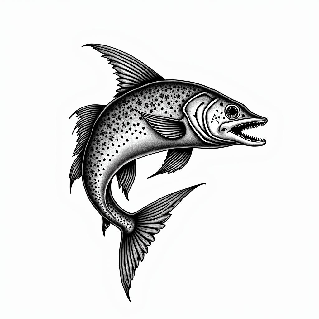 Barracudain paganic style tattoo, featuring ancient symbols, add vegvisir symbol, mystical figures, incorporating designs, pentagrams, runes, crescent moons, - Variation 4