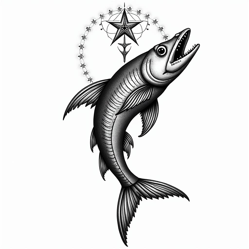 Barracudain paganic style tattoo, featuring ancient symbols, add vegvisir symbol, mystical figures, incorporating designs, pentagrams, runes, crescent moons, - Variation 2