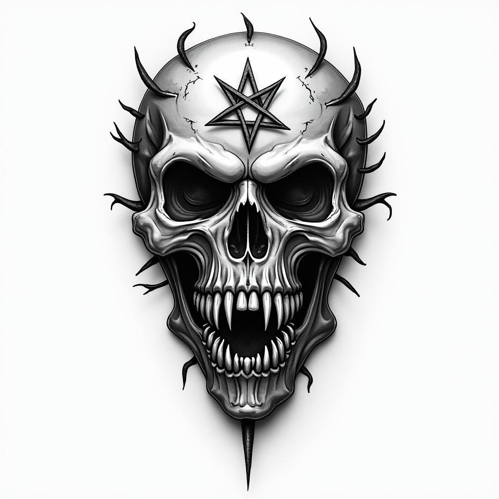 Barracudacreepy horror tattoo style, featuring an eerie and unsettling skull of a demonic creature, distorted face with sharp fangs, add pentagram symbol - Variation 2