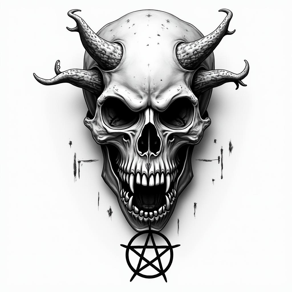 Barracudacreepy horror tattoo style, featuring an eerie and unsettling skull of a demonic creature, distorted face with sharp fangs, add pentagram symbol - Variation 1