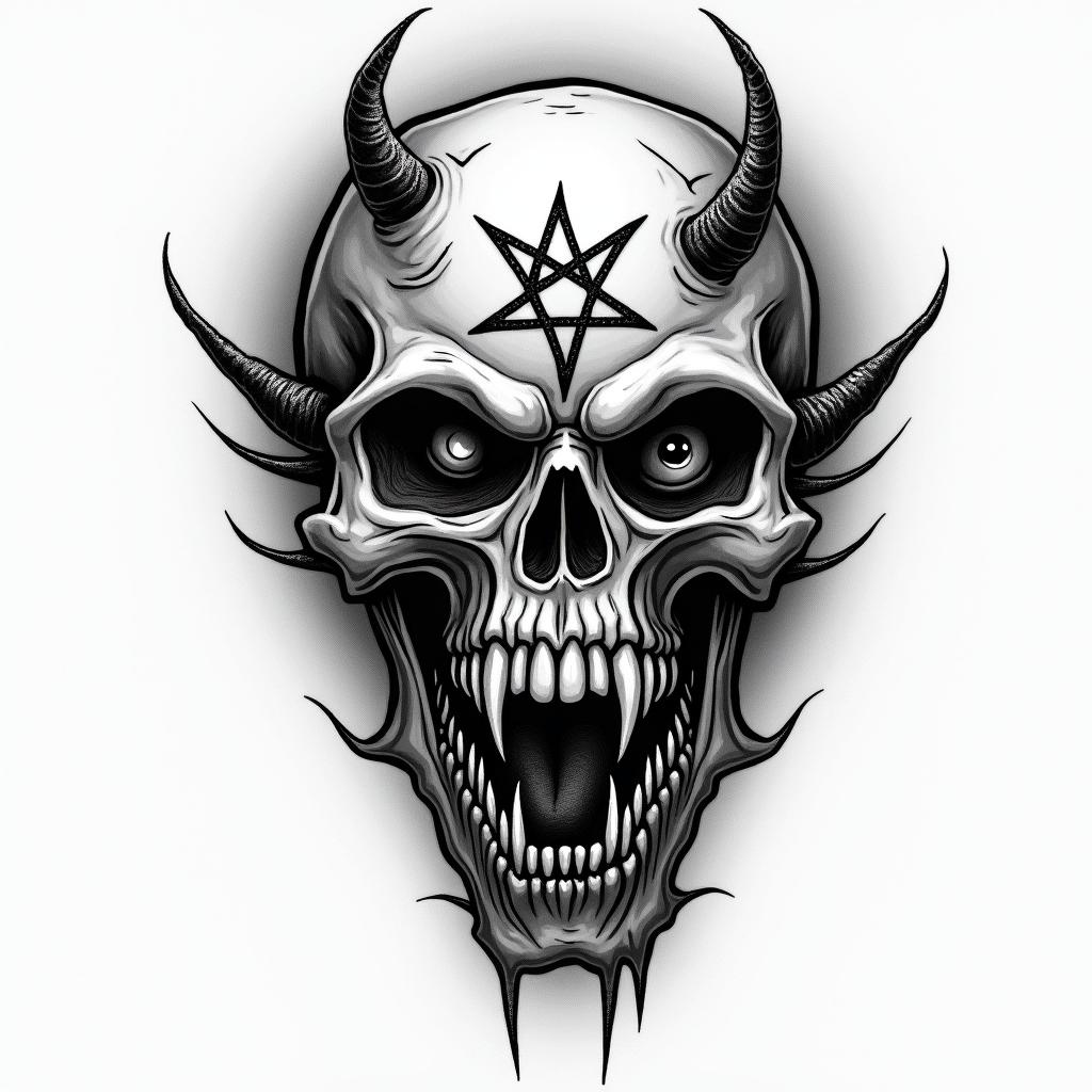 Barracudacreepy horror tattoo style, featuring an eerie and unsettling skull of a demonic creature, distorted face with sharp fangs, add pentagram symbol - Variation 3