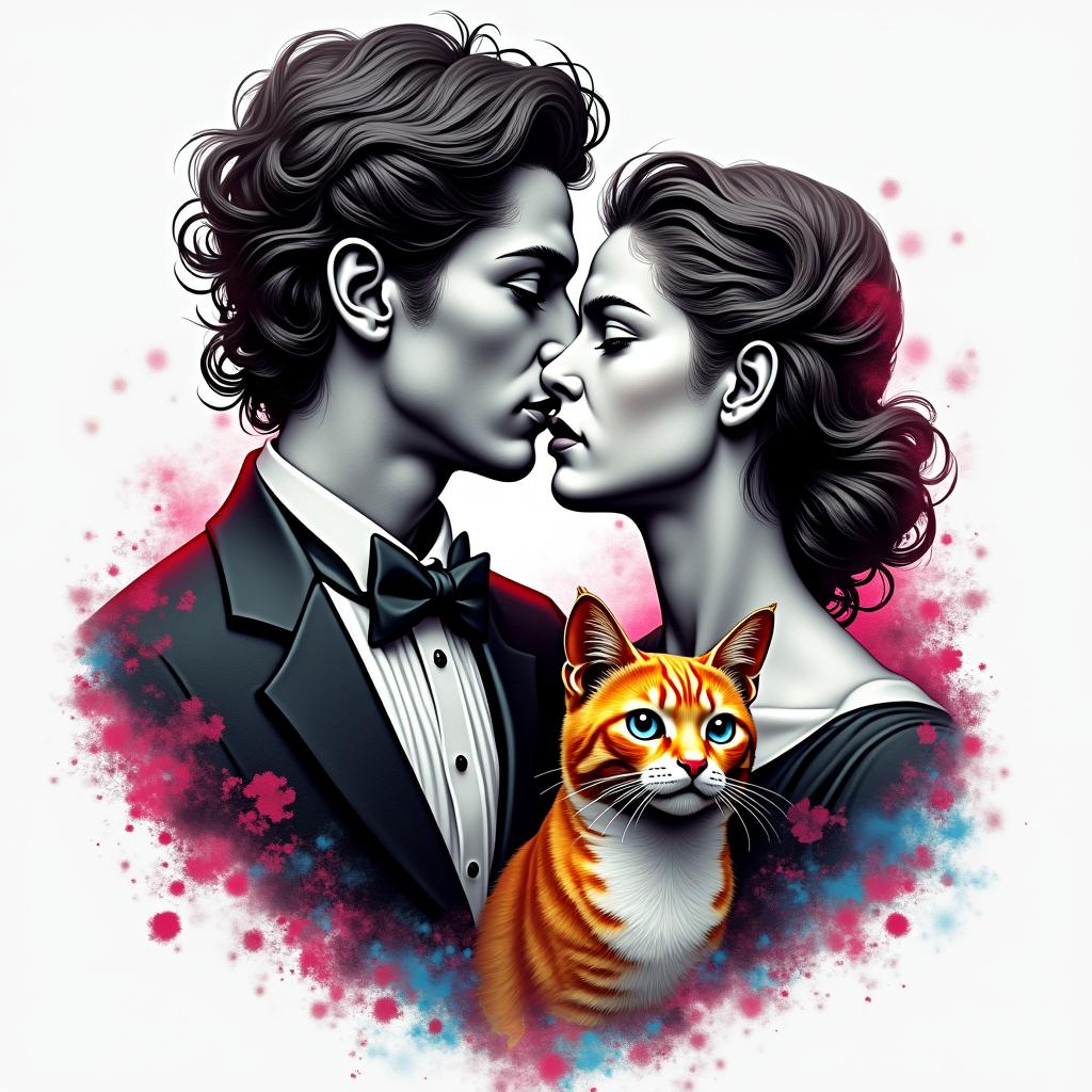 Gaming gothic married couple with gaming and stoner aspects and an orange cat and tuxedo cat and our sonin distorted and fragmented tattoo design, featuring a classical statue bust, in a glitch art style with vibrant, overlapping colors of cyan, magenta, and yellow, creating a digital distortion effect - Variation 3