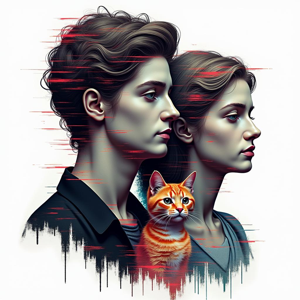 Gaming gothic married couple with gaming and stoner aspects and an orange cat and tuxedo cat and our sonin distorted and fragmented tattoo design, featuring a classical statue bust, in a glitch art style with vibrant, overlapping colors of cyan, magenta, and yellow, creating a digital distortion effect