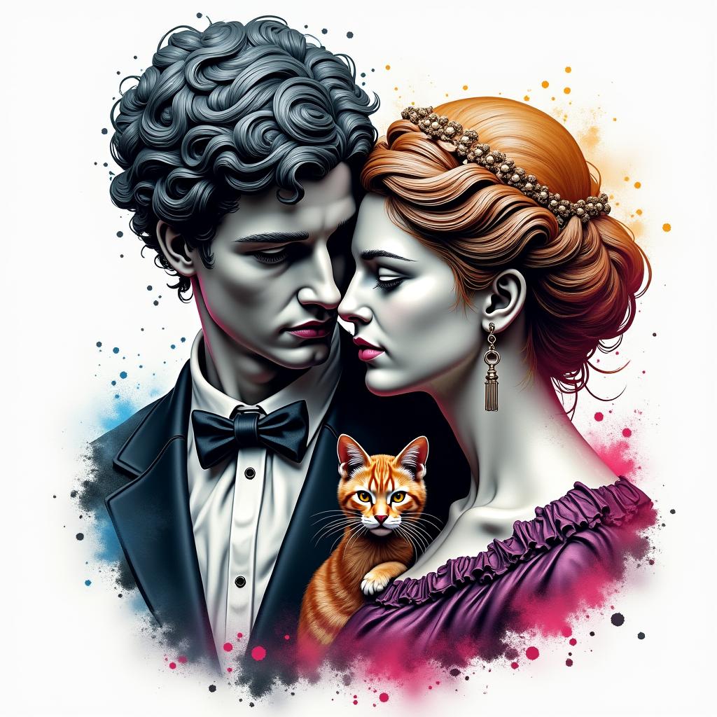 Gaming gothic married couple with gaming and stoner aspects and an orange cat and tuxedo cat and our sonin distorted and fragmented tattoo design, featuring a classical statue bust, in a glitch art style with vibrant, overlapping colors of cyan, magenta, and yellow, creating a digital distortion effect - Variation 4